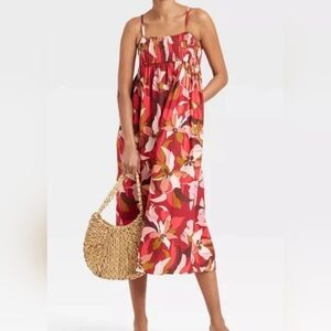 A New Day Smocked Floral Midi Dress With Pockets And Adjustable Straps Sz XL